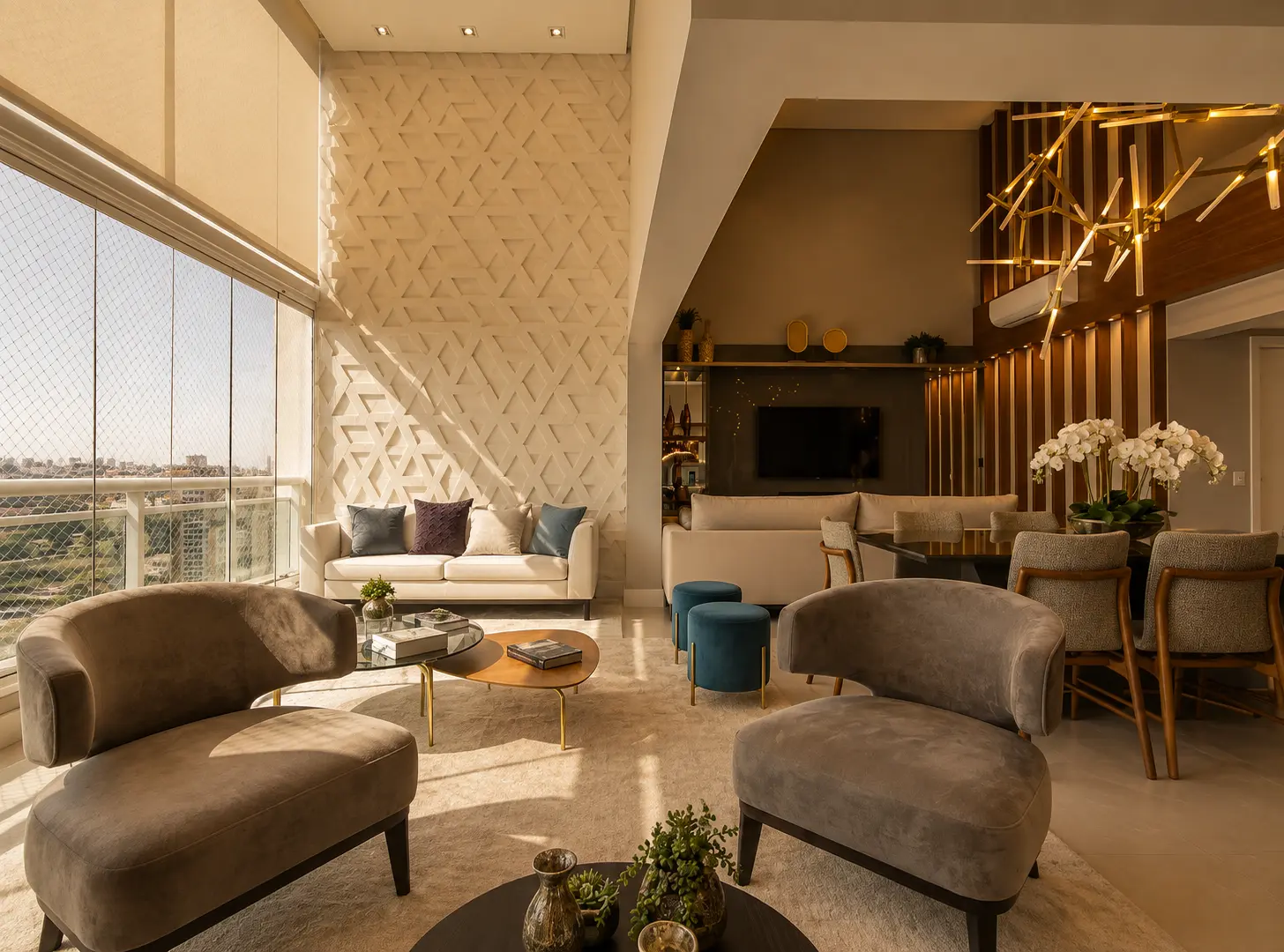 Ambientes integrados com luz natural e vista para a cidade